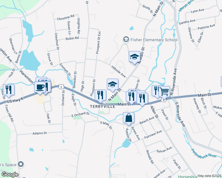 map of restaurants, bars, coffee shops, grocery stores, and more near 21 North Main Street in Plymouth
