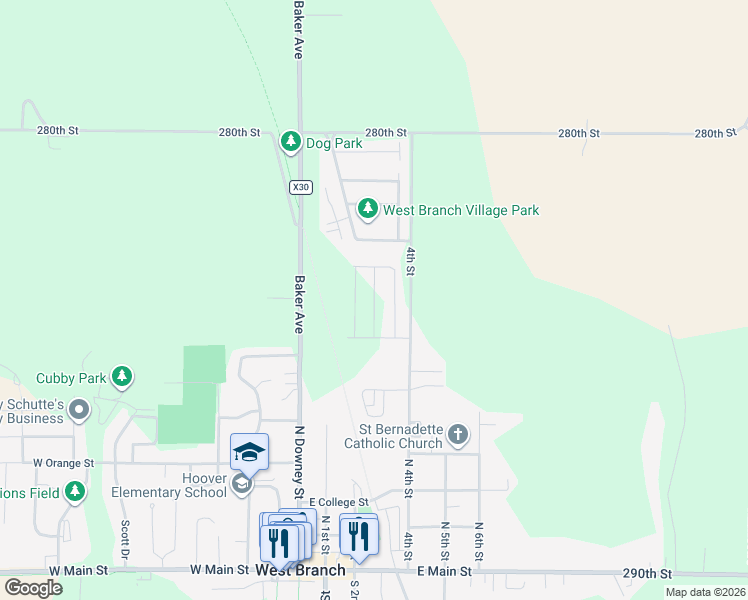 map of restaurants, bars, coffee shops, grocery stores, and more near 115 Washington Boulevard in West Branch