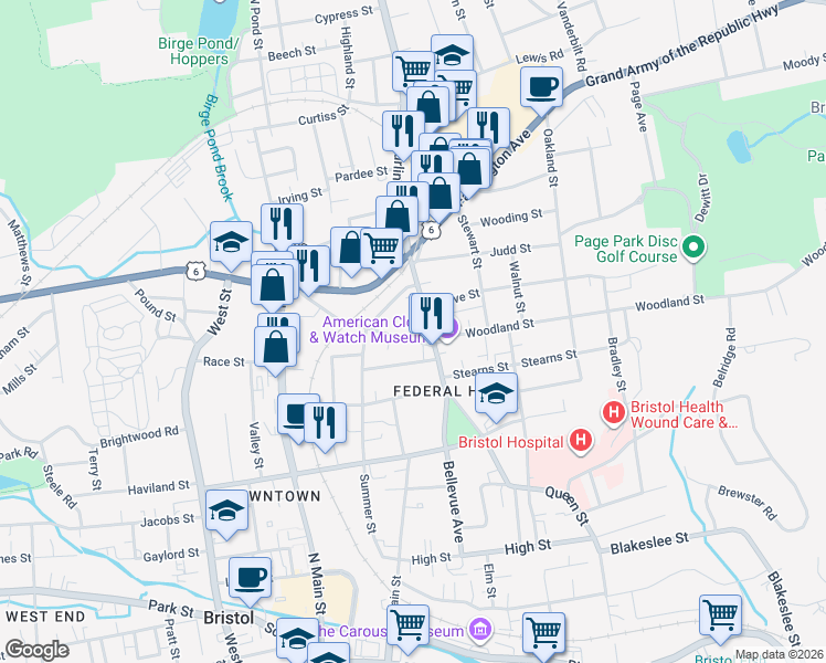 map of restaurants, bars, coffee shops, grocery stores, and more near 143 Maple Street in Bristol