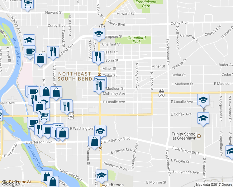map of restaurants, bars, coffee shops, grocery stores, and more near 1202 Mc Kinley Avenue in South Bend