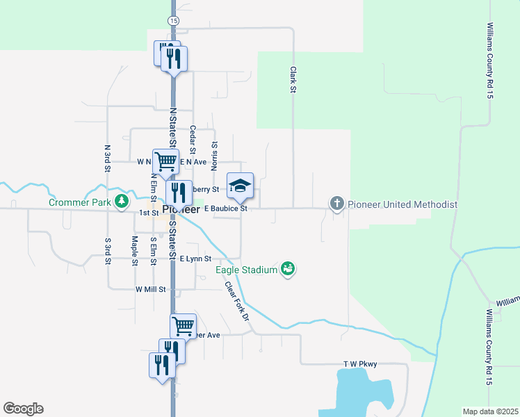 map of restaurants, bars, coffee shops, grocery stores, and more near East Baubice Street in Pioneer