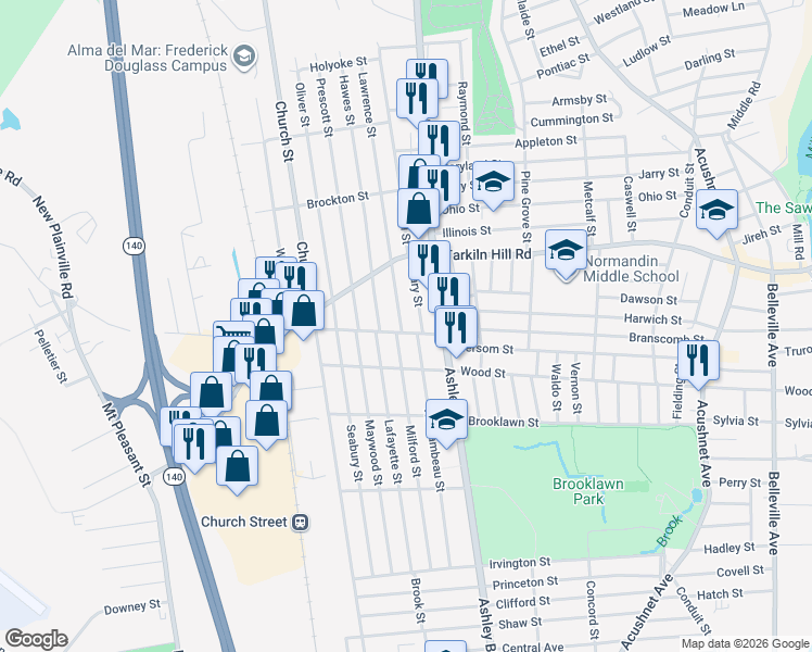 map of restaurants, bars, coffee shops, grocery stores, and more near 14 Lawrence Street in New Bedford