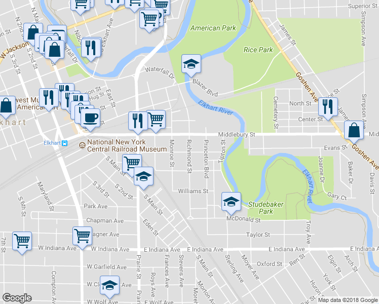 map of restaurants, bars, coffee shops, grocery stores, and more near 600 Aspenwald Avenue in Elkhart