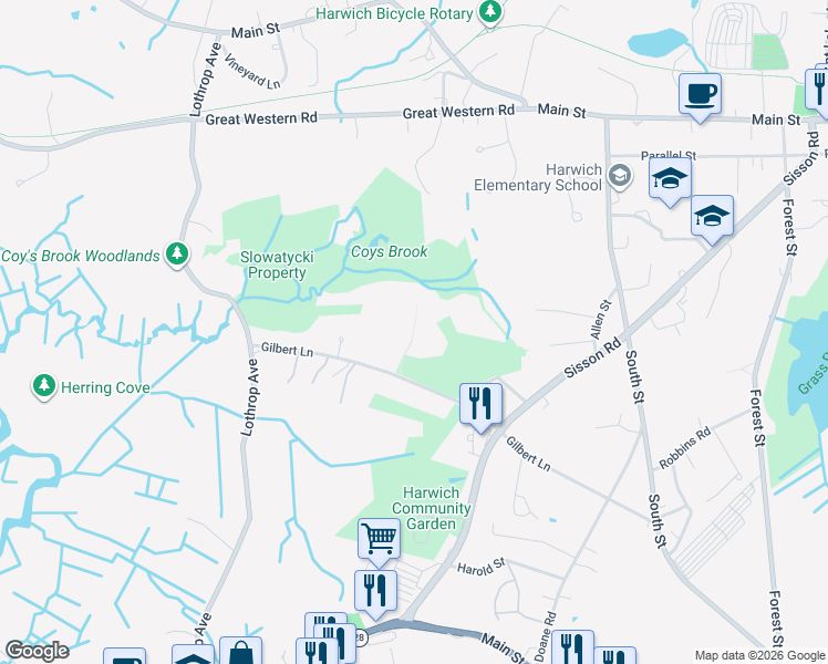 map of restaurants, bars, coffee shops, grocery stores, and more near 19 Old Campground in Harwich