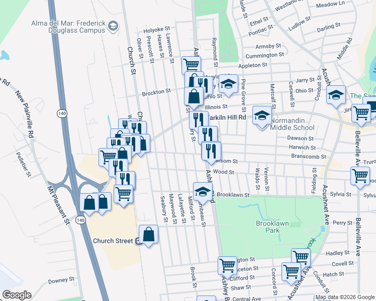 map of restaurants, bars, coffee shops, grocery stores, and more near 14 Lawrence Street in New Bedford