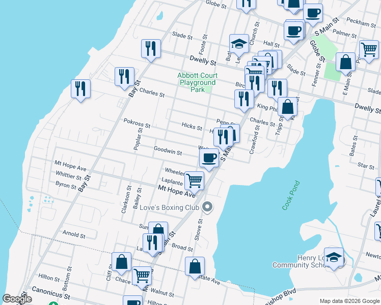 map of restaurants, bars, coffee shops, grocery stores, and more near 252 Walter Street in Fall River