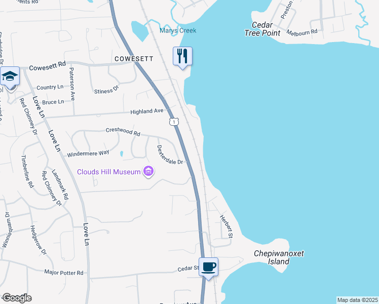 map of restaurants, bars, coffee shops, grocery stores, and more near 4060 Post Road in Warwick