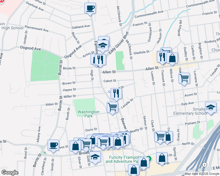 map of restaurants, bars, coffee shops, grocery stores, and more near 49 Cabot Street in New Britain