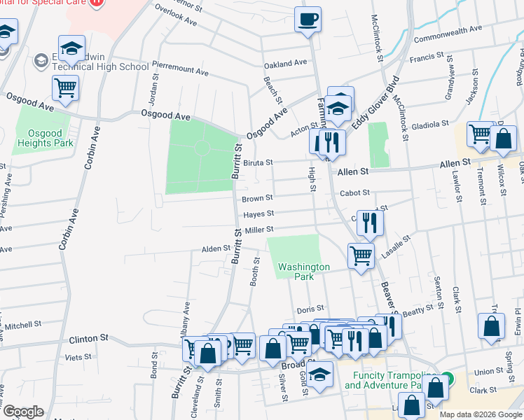 map of restaurants, bars, coffee shops, grocery stores, and more near 82 Brown Street in New Britain