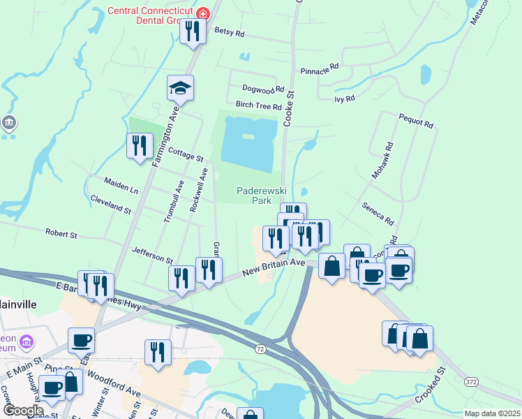 map of restaurants, bars, coffee shops, grocery stores, and more near 68 Cooke Street in Plainville