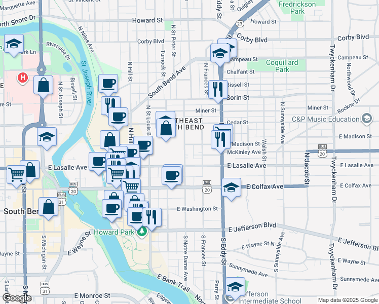 map of restaurants, bars, coffee shops, grocery stores, and more near 900-948 East Madison Street in South Bend