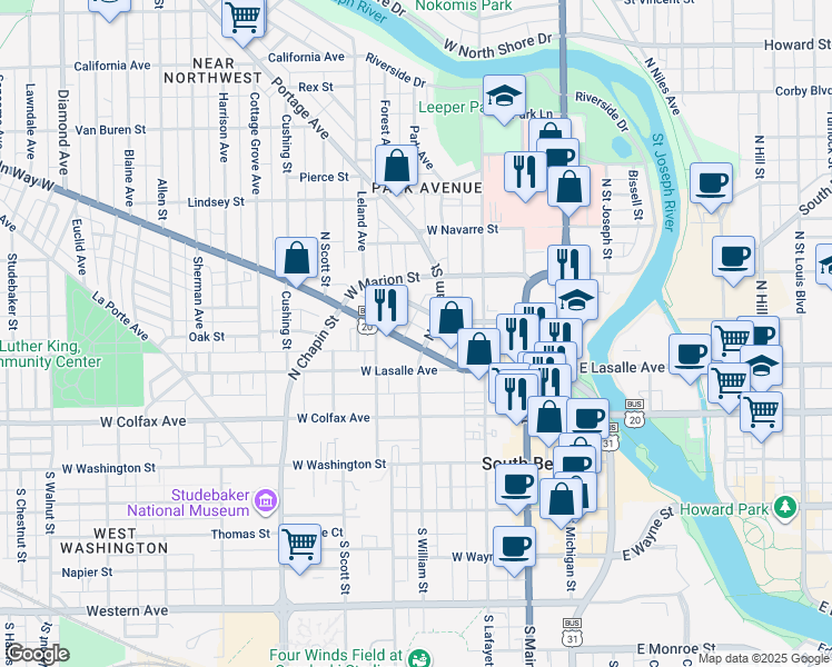 map of restaurants, bars, coffee shops, grocery stores, and more near 410 West Madison Street in South Bend