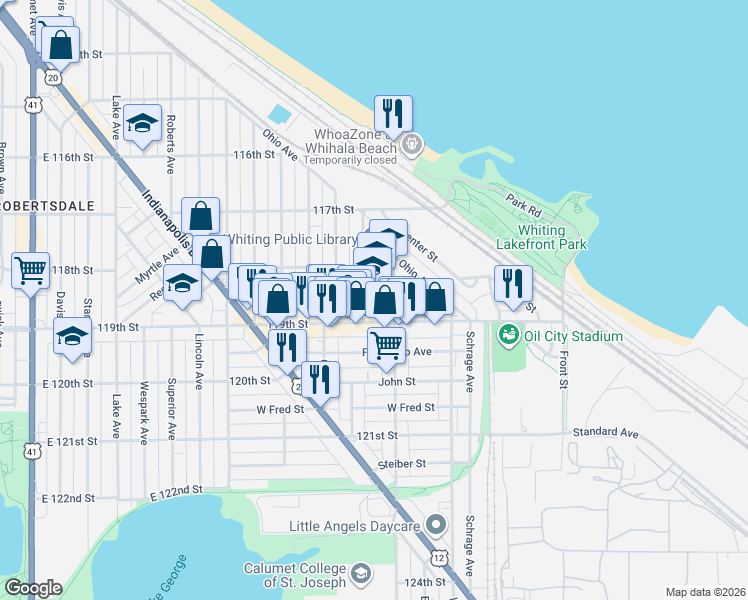 map of restaurants, bars, coffee shops, grocery stores, and more near 1800 New York Ave in Whiting