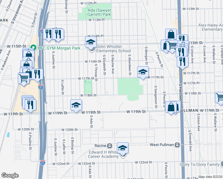 map of restaurants, bars, coffee shops, grocery stores, and more near 11727 South Elizabeth Street in Chicago