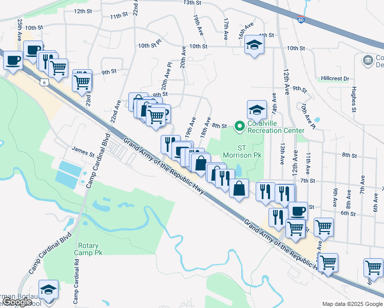 map of restaurants, bars, coffee shops, grocery stores, and more near 706B 18th Avenue in Coralville