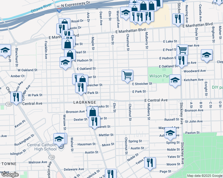 map of restaurants, bars, coffee shops, grocery stores, and more near 3159 Elm Street in Toledo