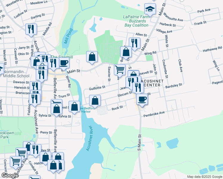 map of restaurants, bars, coffee shops, grocery stores, and more near 11 Guillotte Street in Acushnet