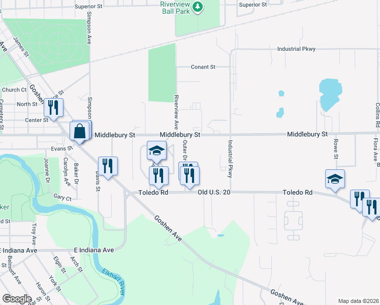 map of restaurants, bars, coffee shops, grocery stores, and more near 56050 Outer Drive in Elkhart