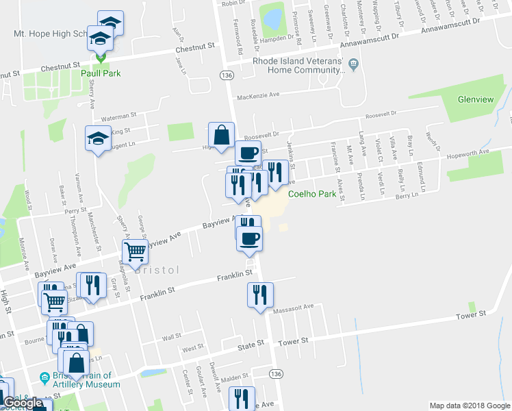 map of restaurants, bars, coffee shops, grocery stores, and more near 400 Metacom Avenue in Bristol