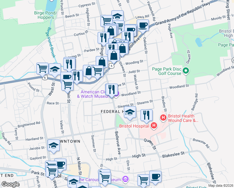 map of restaurants, bars, coffee shops, grocery stores, and more near 130 Maple Street in Bristol