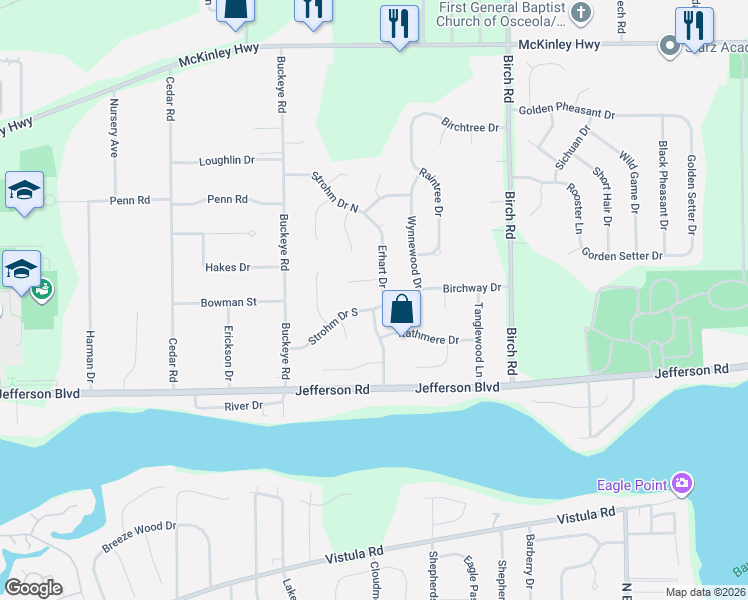 map of restaurants, bars, coffee shops, grocery stores, and more near 55919-55999 Erhart Drive in Mishawaka