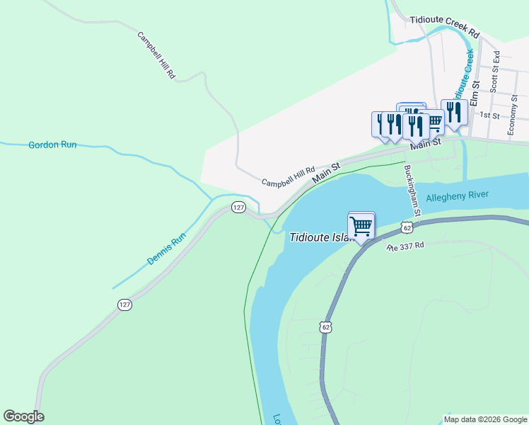 map of restaurants, bars, coffee shops, grocery stores, and more near Babylon Hill Road in Tidioute