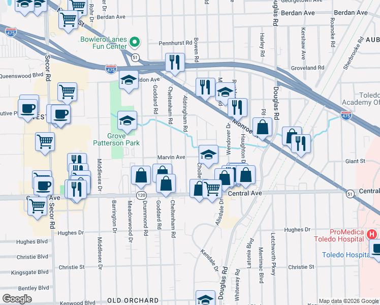 map of restaurants, bars, coffee shops, grocery stores, and more near 3223 Aldringham Road in Toledo