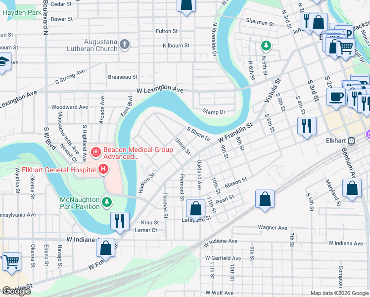 map of restaurants, bars, coffee shops, grocery stores, and more near 1102-1106 Hudson Street in Elkhart