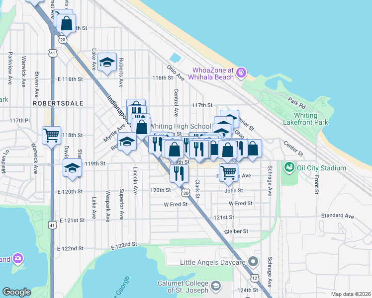 map of restaurants, bars, coffee shops, grocery stores, and more near 1815 Laporte Ave in Whiting