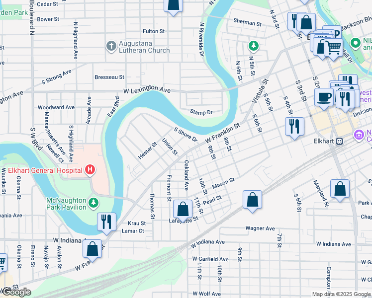 map of restaurants, bars, coffee shops, grocery stores, and more near 1006 West Franklin Street in Elkhart