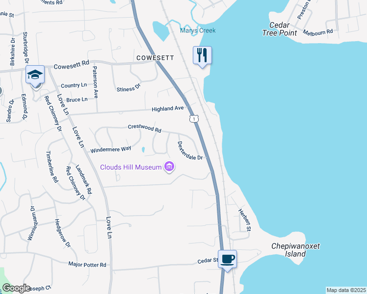 map of restaurants, bars, coffee shops, grocery stores, and more near 73 Dexterdale Drive in Warwick