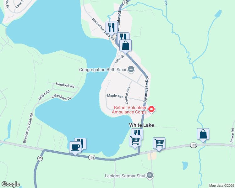 map of restaurants, bars, coffee shops, grocery stores, and more near 32 Maple Avenue in Bethel
