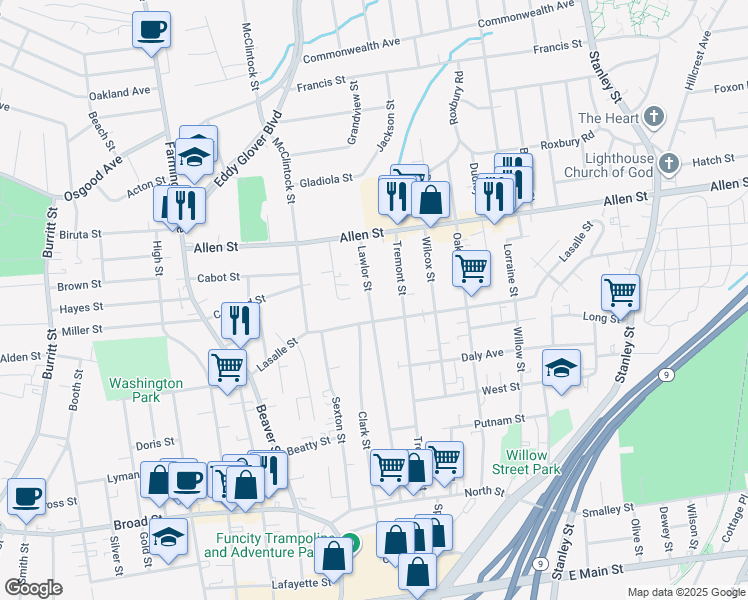 map of restaurants, bars, coffee shops, grocery stores, and more near 243 Lawlor Street in New Britain