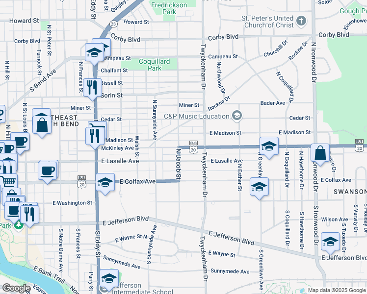 map of restaurants, bars, coffee shops, grocery stores, and more near 1417 Mc Kinley Ave in South Bend