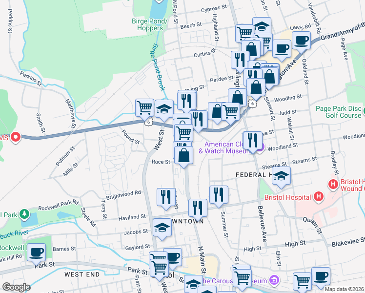 map of restaurants, bars, coffee shops, grocery stores, and more near 453 North Main Street in Bristol