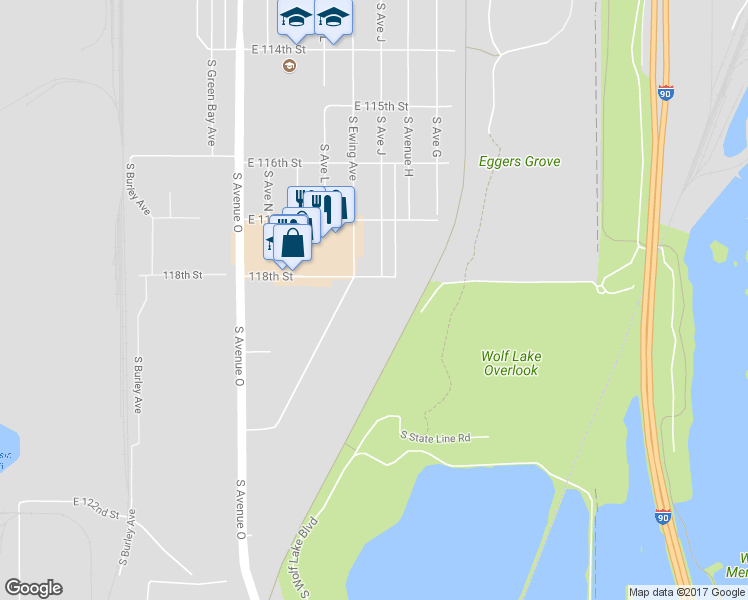 map of restaurants, bars, coffee shops, grocery stores, and more near 11801 South Ewing Avenue in Chicago
