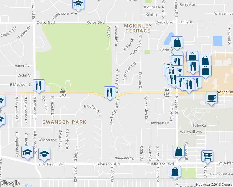 map of restaurants, bars, coffee shops, grocery stores, and more near 315 Manchester Drive in South Bend