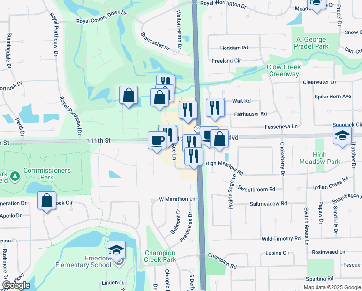 map of restaurants, bars, coffee shops, grocery stores, and more near 5008 Ace Lane in Naperville