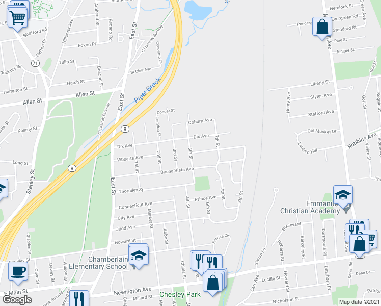 map of restaurants, bars, coffee shops, grocery stores, and more near 5th St in Newington