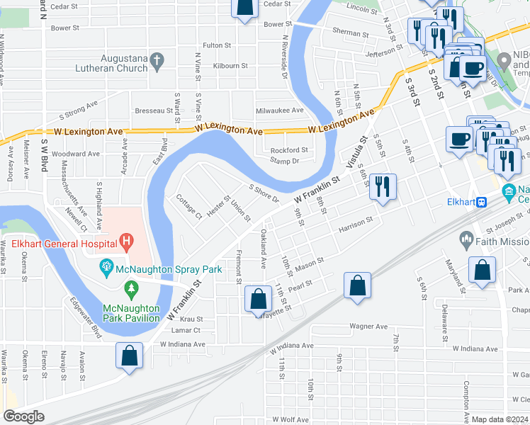 map of restaurants, bars, coffee shops, grocery stores, and more near 1002 West Franklin Street in Elkhart