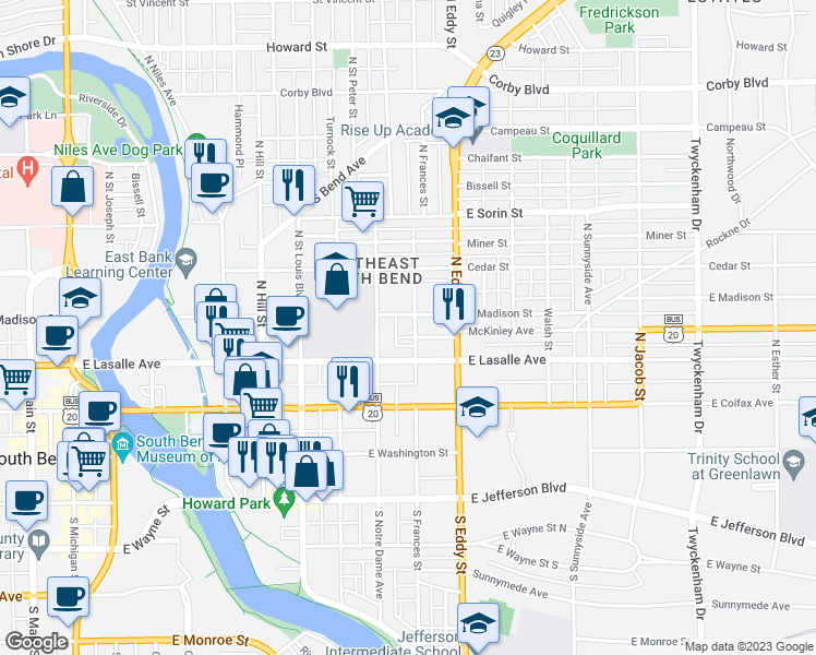 map of restaurants, bars, coffee shops, grocery stores, and more near 329 North Frances Street in South Bend