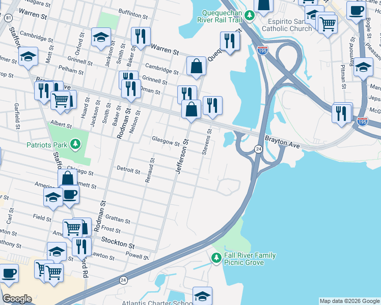 map of restaurants, bars, coffee shops, grocery stores, and more near 404 Jefferson Street in Fall River