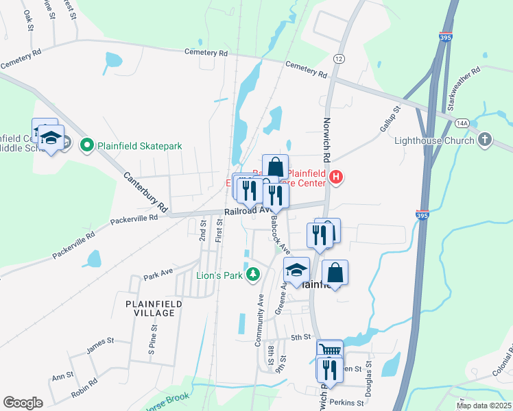 map of restaurants, bars, coffee shops, grocery stores, and more near 24 Railroad Avenue in Plainfield