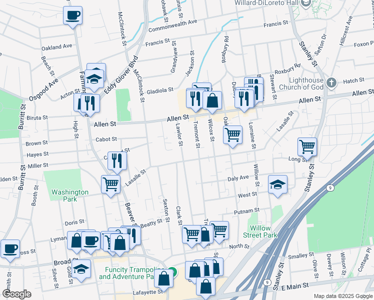map of restaurants, bars, coffee shops, grocery stores, and more near 243 Lawlor Street in New Britain