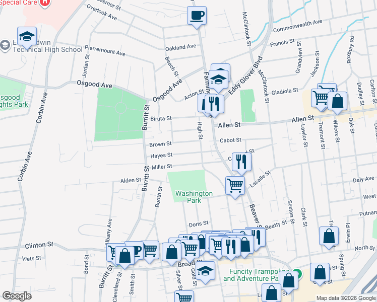 map of restaurants, bars, coffee shops, grocery stores, and more near 38 Brown Street in New Britain