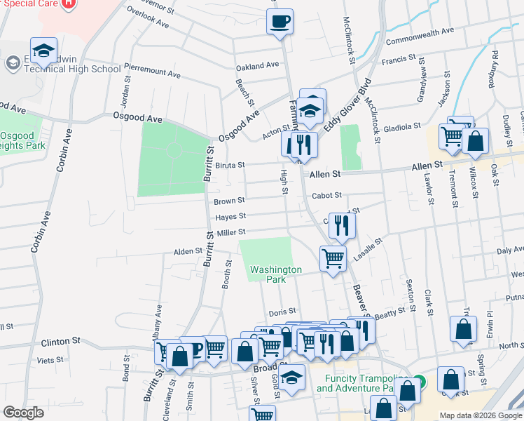 map of restaurants, bars, coffee shops, grocery stores, and more near 38 Brown Street in New Britain