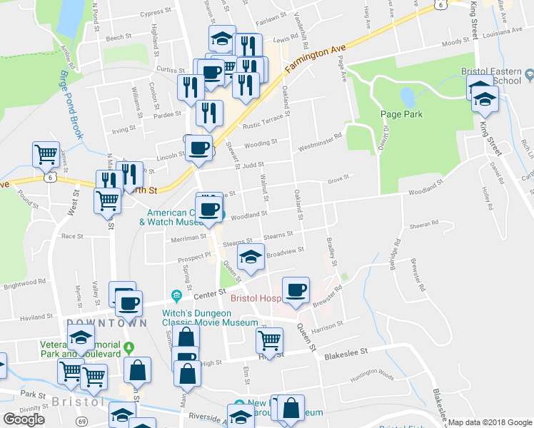 map of restaurants, bars, coffee shops, grocery stores, and more near 97 Woodland Street in Bristol