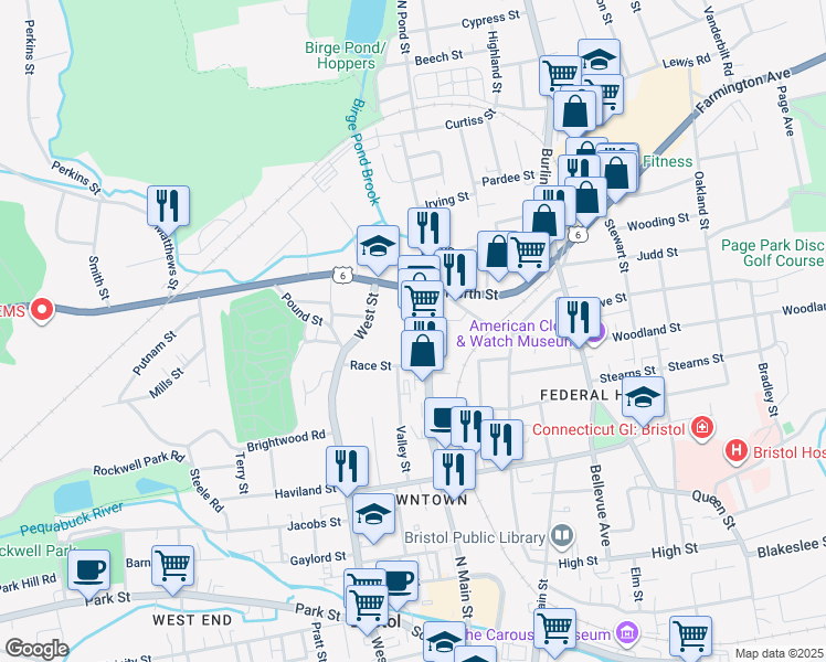 map of restaurants, bars, coffee shops, grocery stores, and more near 453 North Main Street in Bristol
