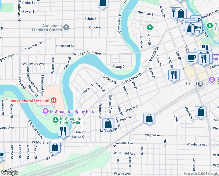 map of restaurants, bars, coffee shops, grocery stores, and more near 930 West Franklin Street in Elkhart