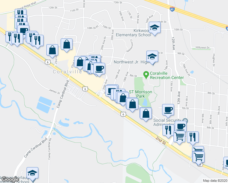 map of restaurants, bars, coffee shops, grocery stores, and more near 700 19th Avenue in Coralville